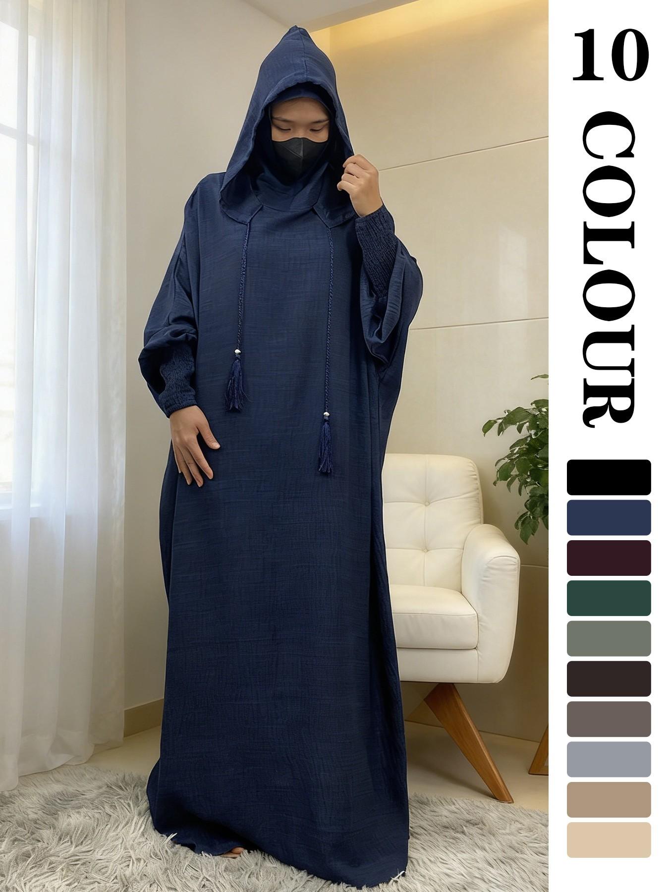 Women's Solid Color Batwing Sleeve Drawstring Hooded Dress, Casual Long Sleeve Shirred Cuff Long Dress for Spring & Fall, Women's Islamic Clothing for Daily Wear
