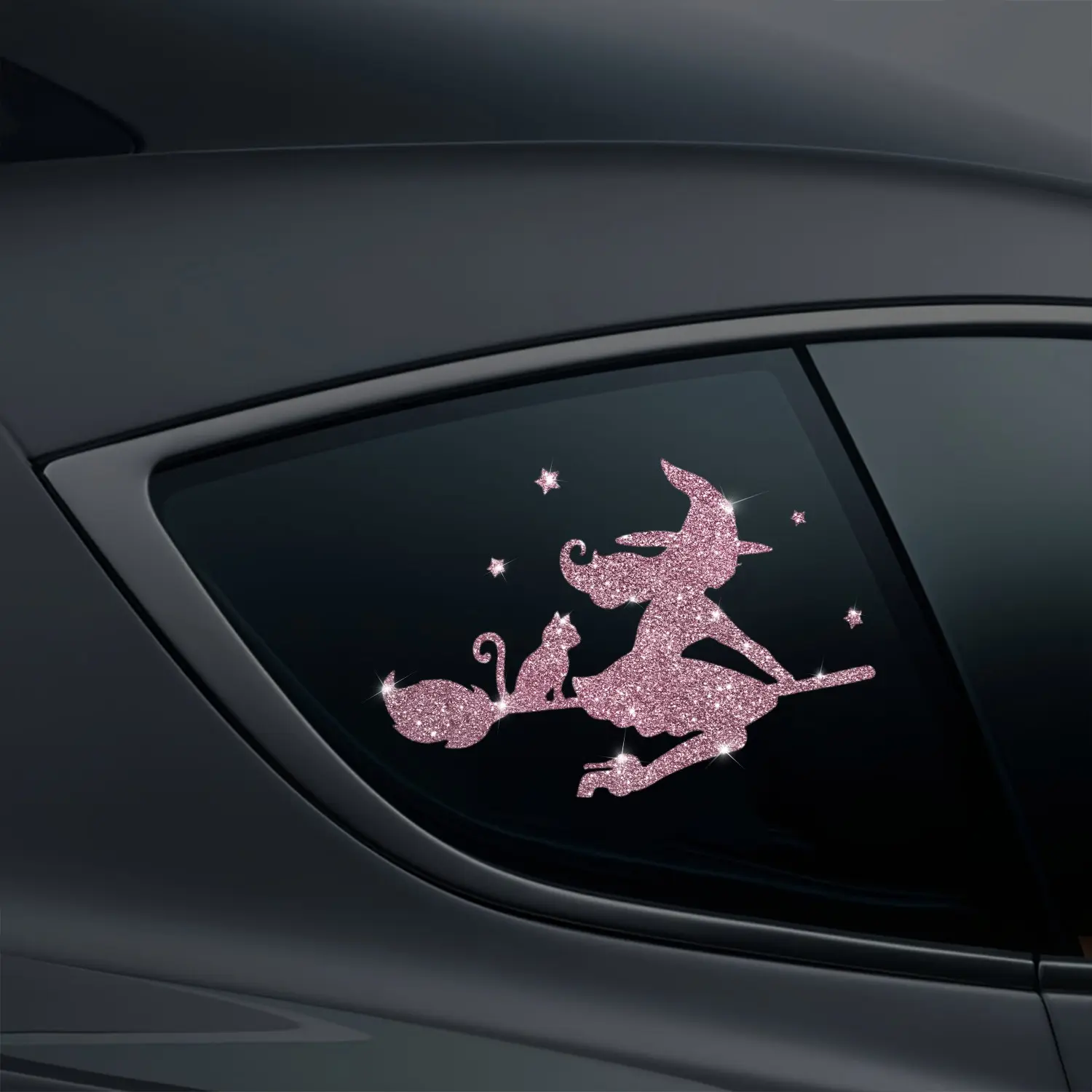 1pc Witch Broom Car Sticker - Glittering Magic Broom Sticker Witch Cat Star Colorful Cartoon Design Suitable For Decorating Living Rooms Bedrooms Cafes Or Windows Of Cars And Motorcycles Creating A Witch-Themed Decoration Halloween Theme
