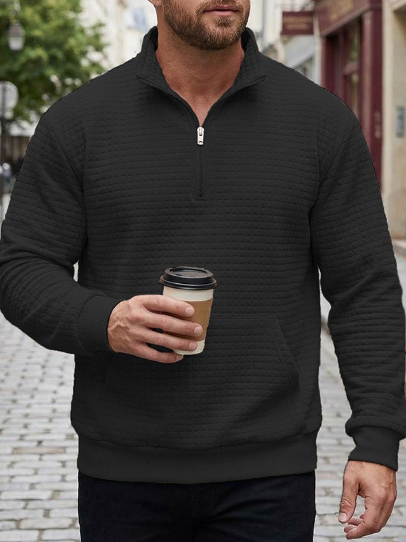Men's Quilted Quarter Zip Sweatshirt, Waffle Grid Texture Pullover with Stand Collar & Kangaroo Pocket, Casual Loose Fit Top for Streetwear, Daily Wear and Fall Winter