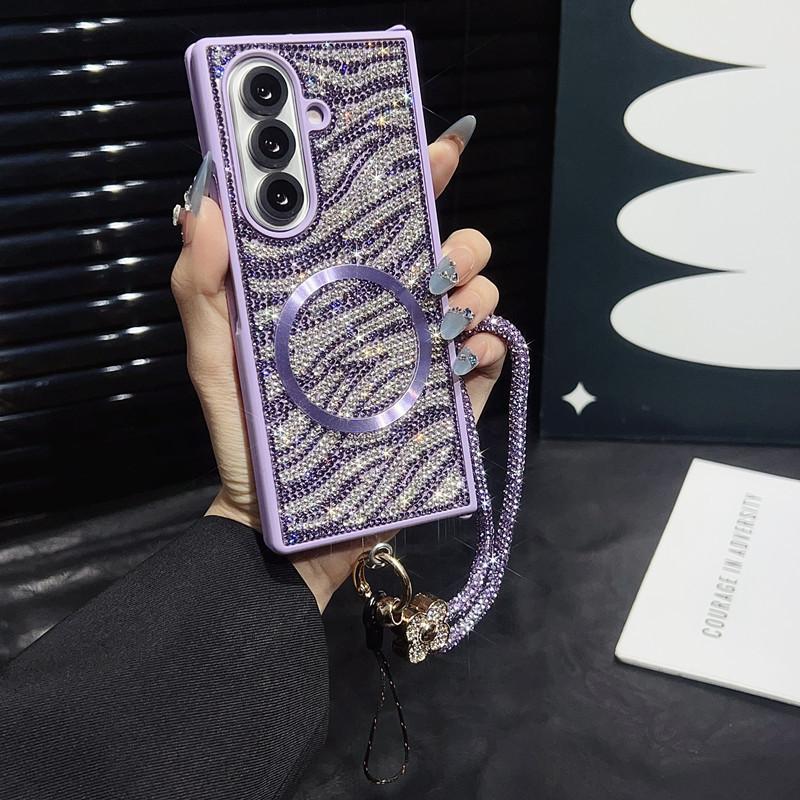 Compatible with Z Fold7/Z Fold6/Z Fold5/Z Fold4/Z Fold3 | Rhinestone Magnetic Lanyard Full Wrap Shockproof Large Fold Phone Case HNZ0483