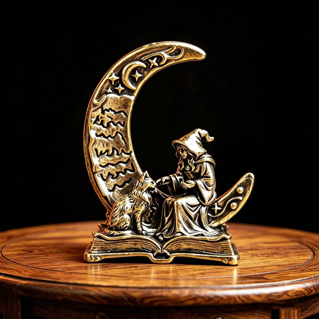 Vintage Brass Wizard Crescent Moon Figurine, Witchcraft Magical Cat Statue, Antique Wicca Pagan Sculpture Ornament, Gothic Mysterious Fantasy Craft for Home Office Altar Desk Shelf Decor