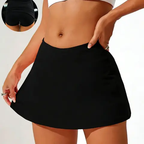 New Women's Solid Low Rise Sport Skirt, Casual Fitness Yoga Skort with Anti-Exposure Design, Perfect for Outdoor Tennis & Workouts Elastic Waist Skorts Workout Skirts