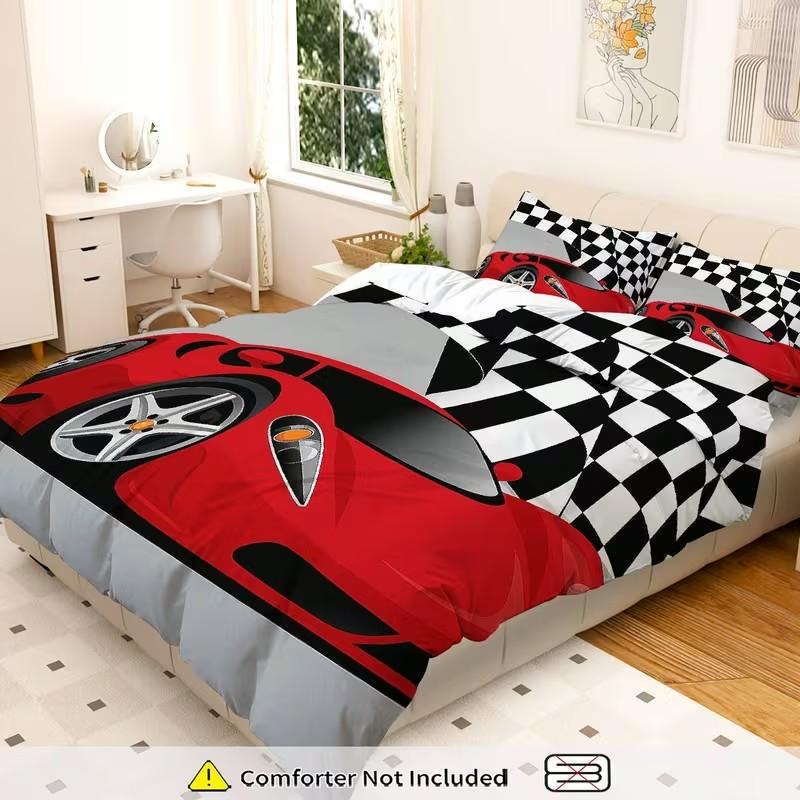 3-Piece Bedding Set, 1 Duvet Cover + 2 Pillowcases, Race Car Flag Theme, Luxury Design for Bedroom, Guest Room, Dorm, Cabin