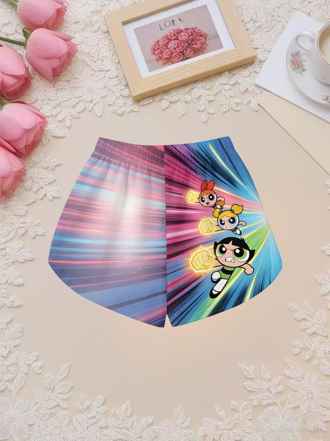 Girls' 3D Short Sleeve Powerpuff Girls Cartoon Set, Dynamic Colorblock Design, Perfect for Parties, Holiday Gifts, Birthday Presents