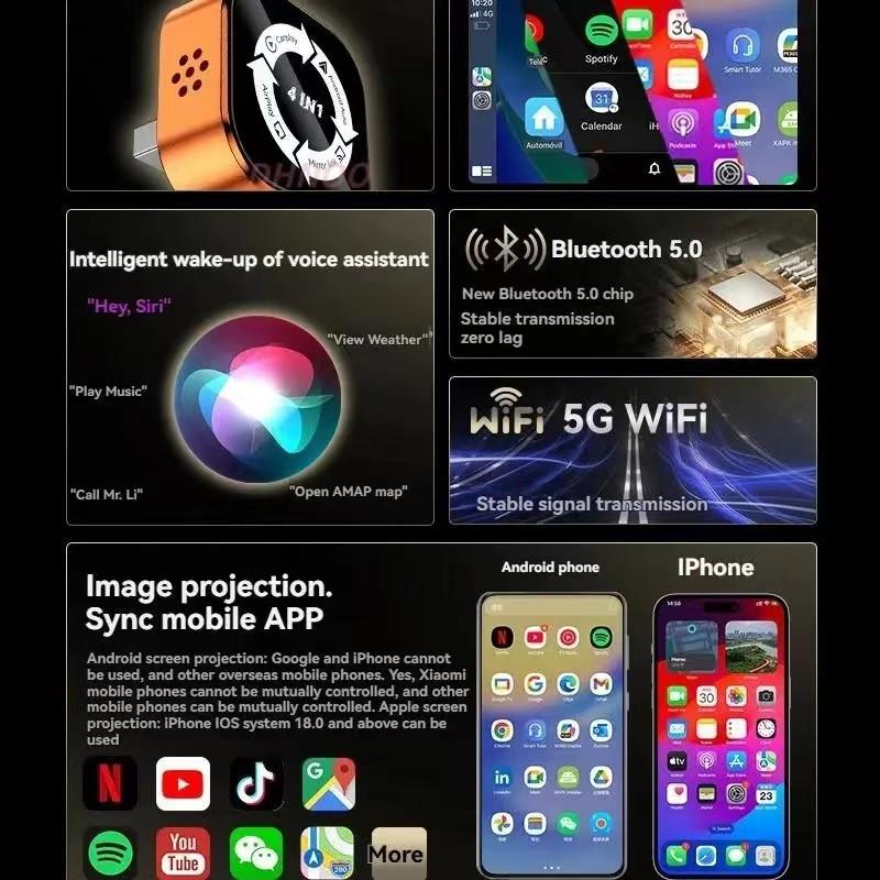 2026 New 4-In-1 Carplay Wireless Adapter, Compatible with iPhone/android, Fast Connection, Hands-Free Call, Airplay, Mirror Link, Bluetooth-compatible 5.0