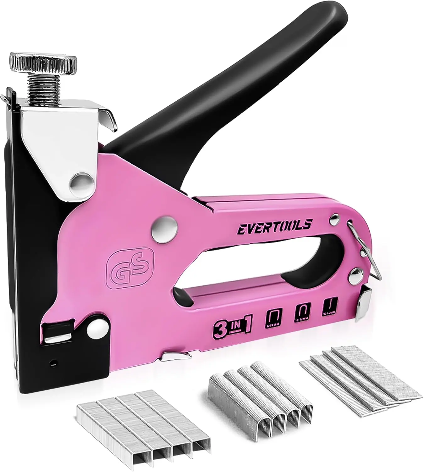 3-in-1 Pink Staple Gun, Manual Upholstery Staple Gun with 600 Staples for Crafts, Fabric, Furniture Repair, Wood & DIY
