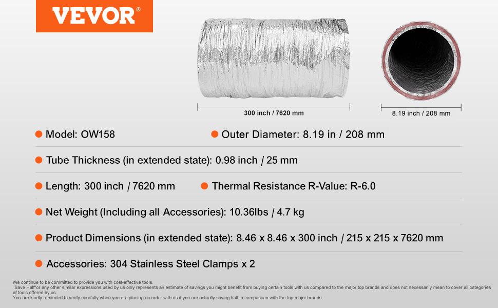 SummerWinsVEVOR Dryer Vent Hose, 6'' Insulated Flexible Duct 25FT Long with 2 Duct Clamps, Heavy-Duty Three Layer Protection for HVAC Heating Cooling Ventilation and Exhaust, R-6.0 Flame Resistance Valuedealsforyoudays