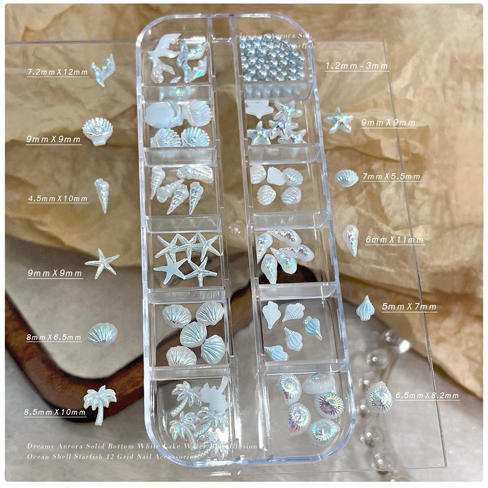 Light Blue Nail Charm Set - Pearl Starfish Shell Nail Pressing DIY Accessory Kit, Ocean Mermaid Style Acrylic Fake Tips, Perfect for Halloween, Christmas, New Year Party Nail Decoration