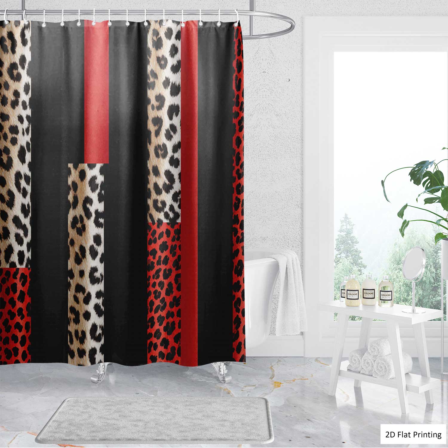 1/4PCS LEOPARD PRINTED IN RED AND BLACK Shower Curtain Set with Rugs, Non Slip Bath Mat, U-Shape Carpet, Toilet Lid Cover, Bathtub Curtain Accessories, 12 Hooks, Home Bathroom Festival Decor