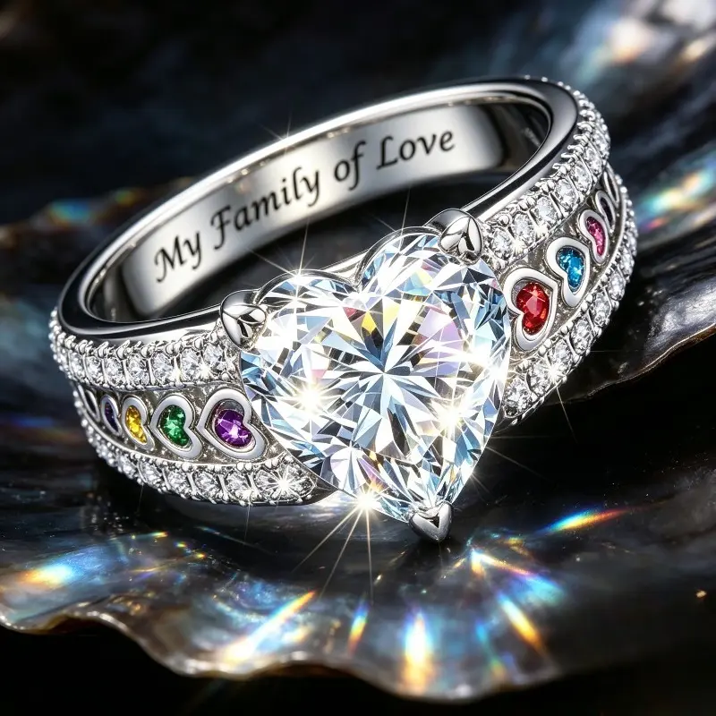 Women's Heart-Shaped Moissanite Birthstone Ring - Engraved "My Family of Love", Colored Gemstone Light Luxury Eye-Catching Jewelry, Accessories Adults Female, Romantic Gifts for Her, Gifts for Female Adults for Mother's Day, Birthday
