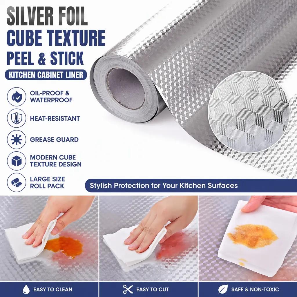 Peel & Stick Silver Aluminum Foil Cabinet Liner, Oil‑Proof Waterproof Heat Resistant Wall Sticker, Cube Texture Kitchen Backsplash Splash Guard Roll