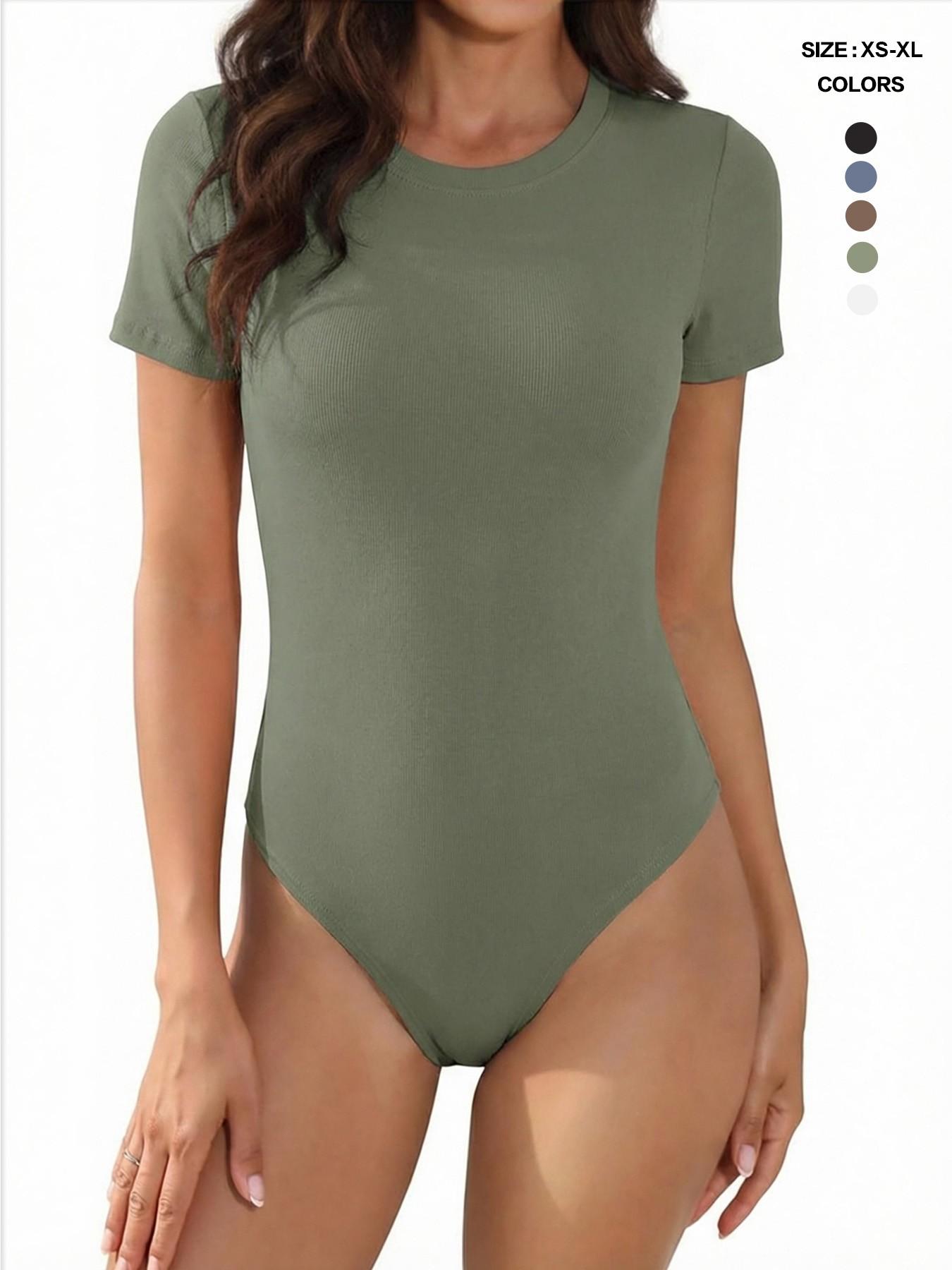 Body Suits for Womens Short Sleeve Round Neck Casual Stretchy Basic T Shirt Bodysuit Tops Underwear