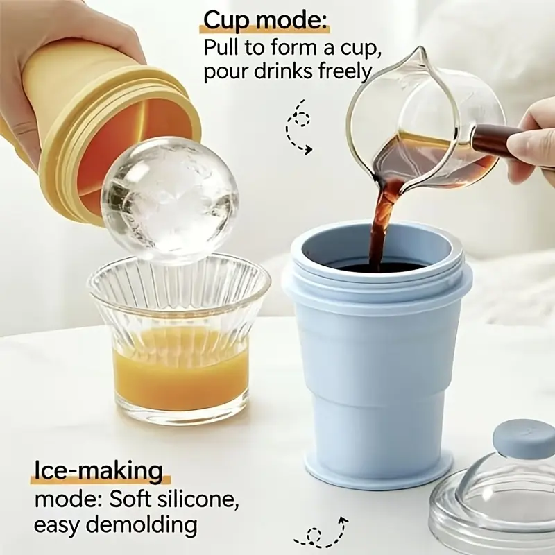 Upgraded 2 in 1 Collapsible Ice Ball Cup Set, 2 Pack Portable Ice Maker Water Bottle with Leakproof Lid, Reusable Foldable Drinking Cup for Summer Kitchen Camping Hiking Picnic