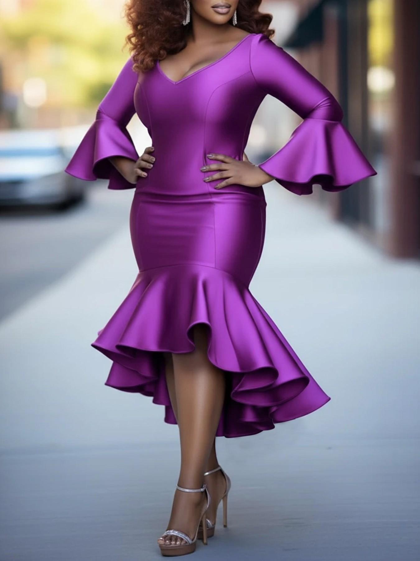 Plus Size V Neck Bell Sleeve Fish Tail Dress, Fitted A-Line Asymmetrical Ruffle Evening Gown, All-Season Formal Wear