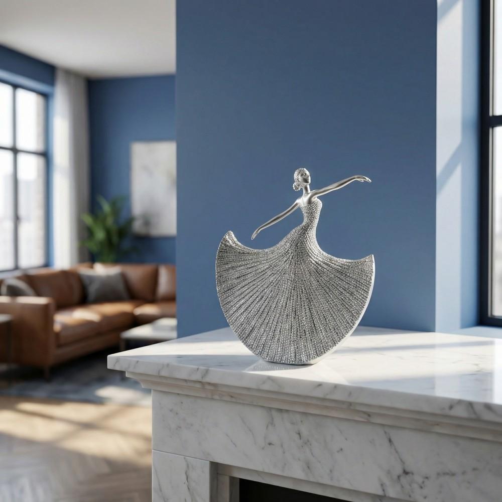 Silver Ballerina Resin Statue, Beaded Textured Dancer Decor, Luxury Art Figurine, Modern Home Accent, Tabletop Shelf Ornament