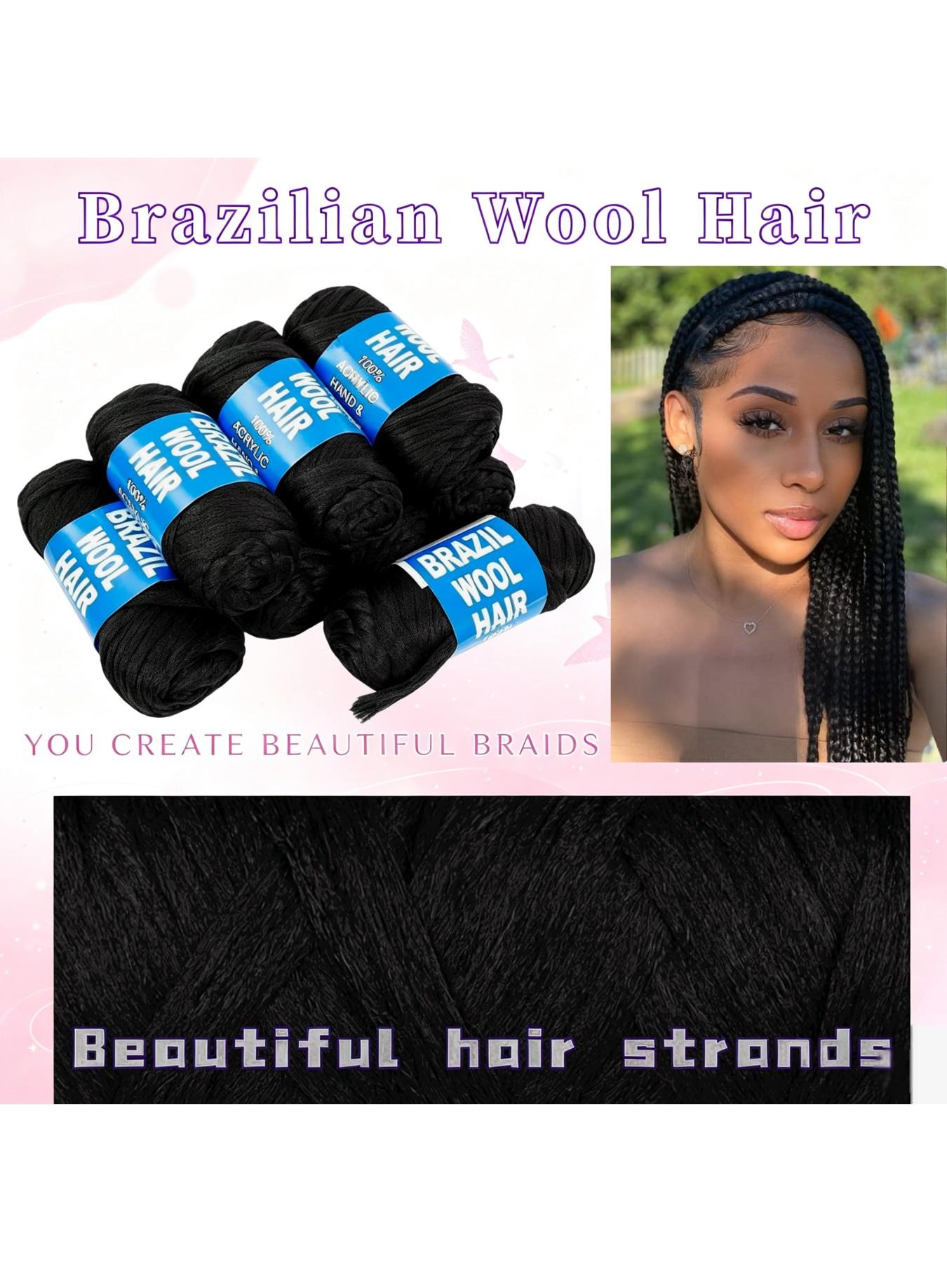 4Pcs/8Pcs Natural Black Brazilian Wool Hair for Braiding Hair Acrylic Yarn Crochet Box Braids Senegalese Twist Jumbo Braids Faux Locs Crochet Hair for Women Synthetic Braiding Hair Extensions  Wool Braiding Hair for Women Synthetic Extensions