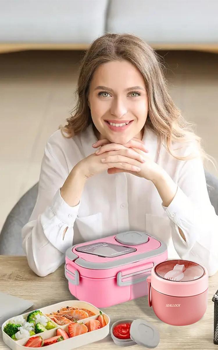 2-layer multi-compartment lunch box set: lunch box + cup + bag. Lunch set with cutlery and sauce box. Microwave safe, suitable for school, work, outdoor lunch box Bpa Free Plastic lunch box