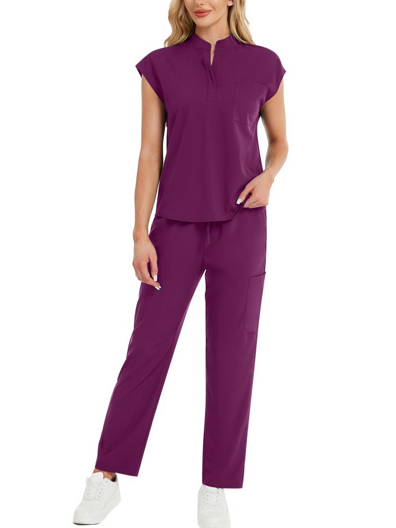 Cimmuovere Women's Solid Notched Neck Batwing Sleeve Top & Drawstring Waist Pants Two-Piece Scrub Set, Casual Cap Sleeve Top & Pocket Trousers for Summer, Vital Scrub Top, Women's Uniforms for Work, Medical Scrub Sets