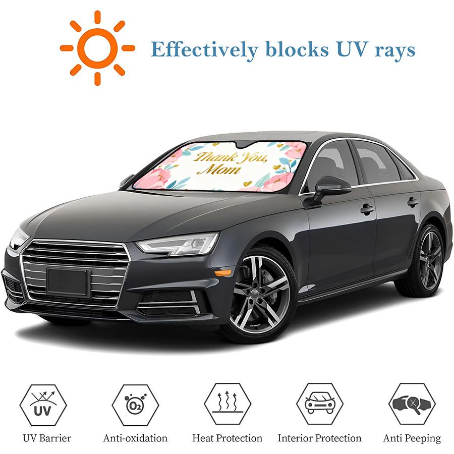 1pc Mother's Day Car Sunshade,Foldable Windshield Cover with Pink Flowers and Golden Hearts Design, UV Protection for Summer Driving, Beach Trips, Daily Commute, Easy to Store