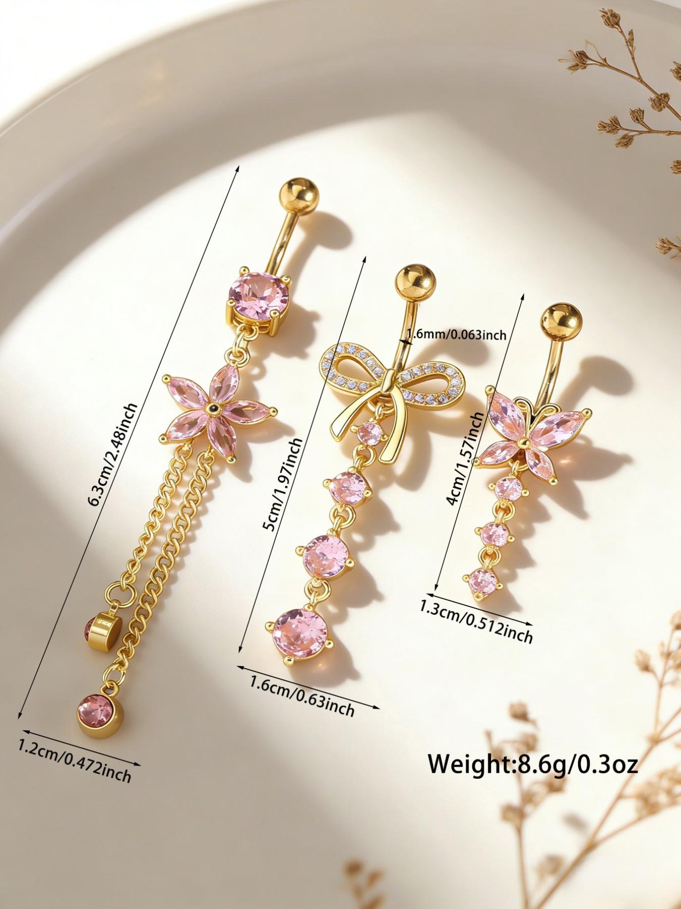 3-Piece Women's Y2K Artificial Zircon Belly Ring Set, Heart Butterfly Flower Teardrop Pendant, Beach Party Fashion Jewelry, Belly Piercing Jewelry, Body Jewelry, Belly Button Jewelry