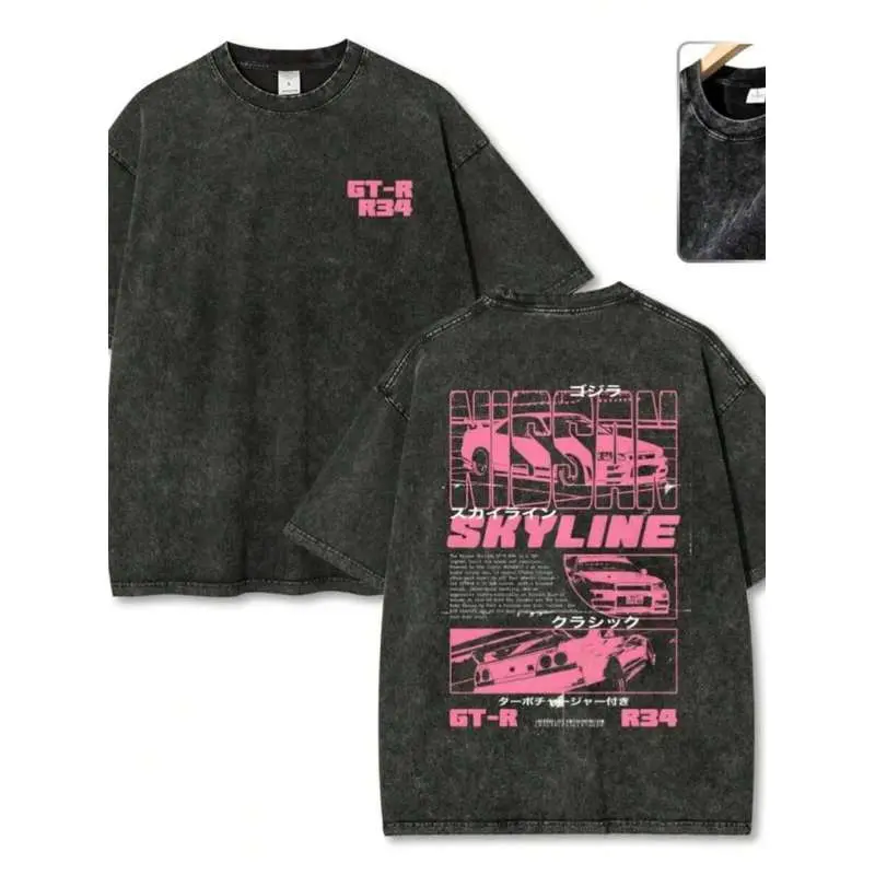Washed Cotton Men T Shirt Vintage Gt R R34 Skyline Car Graphic Print Retro Jdm Streetwear Oversized Tee Summer Fashion Top