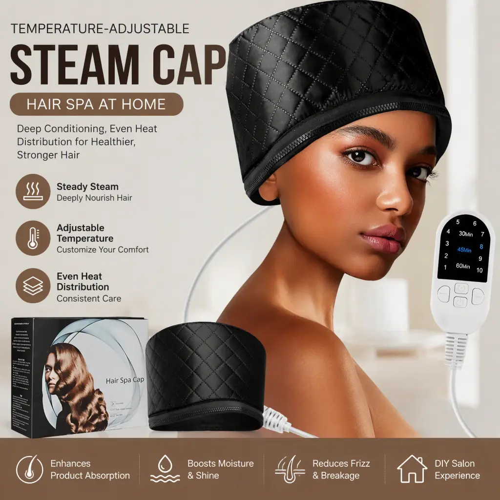 Temperature-Adjustable Steam Cap, Haircare Styling Tool for Deep Conditioning, Even Heat Distribution, DIY At-Home Salon Hair Spa