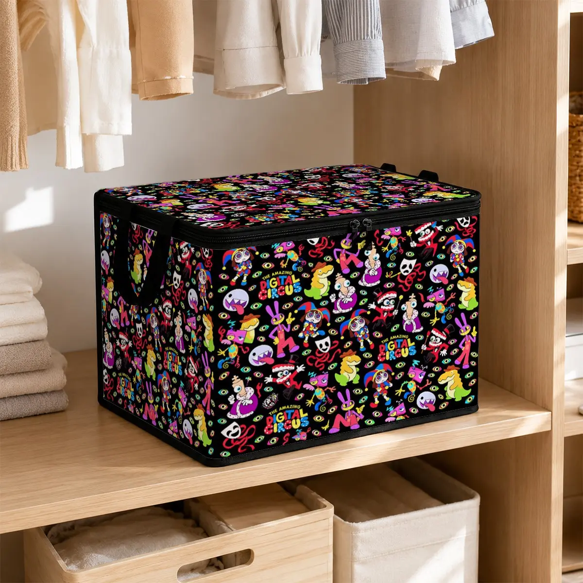 Colorful Kawaii Character Storage Box, Zippered Lid, Black Background, Foldable Fabric, Handles, Home Organization, Closet, Bedroom, Laundry