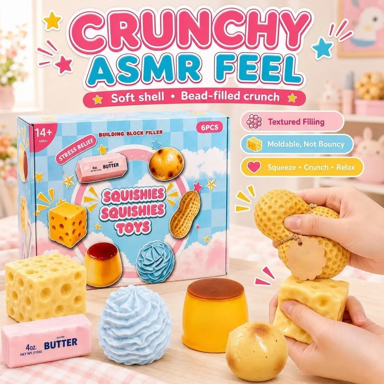 【Black Friday】6PCS Crunchy Squishy Box, Mystery Fun ASMR Feel Set, Crunchy Squishies, Stress Balls, Blind Slow-Return Squishies, Stress-Relief Hand-Relaxation Toys, Desk Decor and Party Favor Gifts for Adults