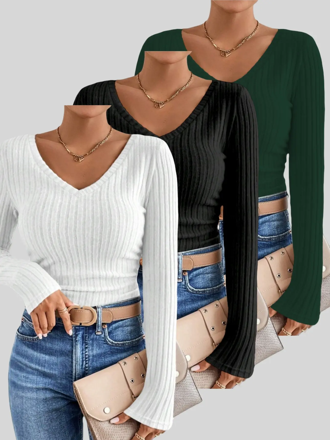 Women's Solid V Neck Long Sleeve Tee, Smooth Casual Fit, Casual Basic Slim Fit Lady Womenswear T-shirt for Fall & Winter, Women's Top for Daily Wear Garments
