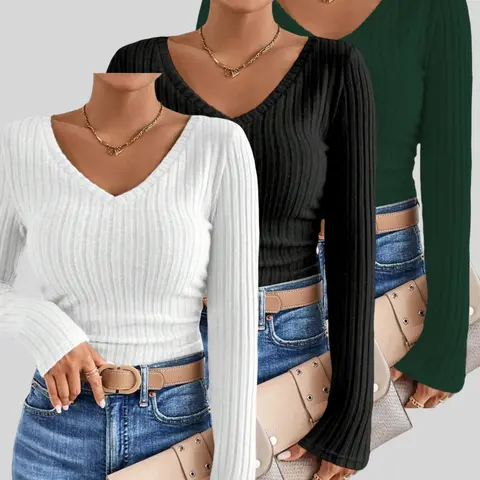 Women's Solid V Neck Long Sleeve Tee, Smooth Casual Fit, Casual Basic Slim Fit Lady Womenswear T-shirt for Fall & Winter, Women's Top for Daily Wear Garments