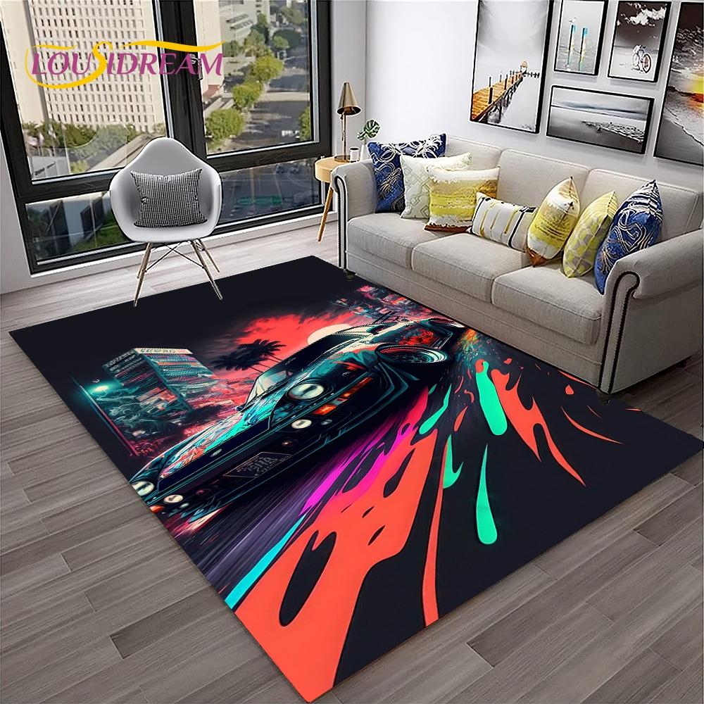 Blue Sports Car Flannel Area Rug - Cool Graffiti Style Supercar Print Soft Mat for Living Room & Garage, Non-Slip Car Enthusiast Home Decor#SportsCarRug #GraffitiSupercarMat #CarEnthusiastDecor #GarageCarpet #NonSlipFlannelRug