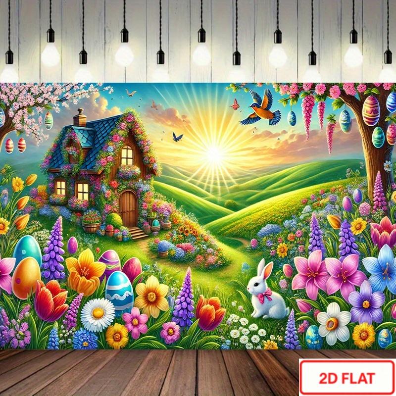 1pc Spring Cottage Easter Bunny & Tulip Cottage Backdrop - Large Horizontal Pastel Egg & Tulip Wall Hanging with Smiling House Design, Durable Polyester Fabric for Party Decorations, Easter Egg H