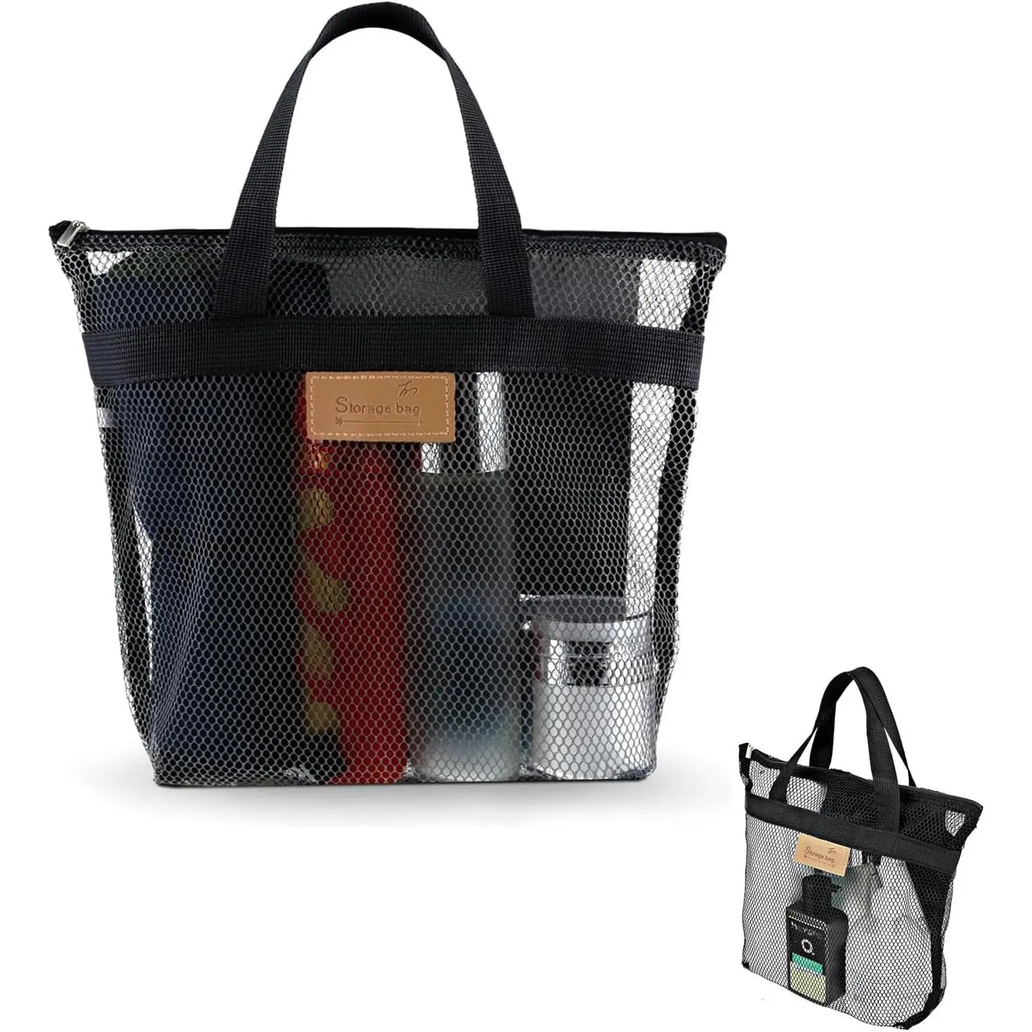 YFMHK Shower Bag, Portable Beach Bag, Shower Bag with Handle, Multifunctional Mesh Shower Caddy with Zipper and Inner Pocket, for Gym, Shower Room, Beach, Travel Toiletries (Black)