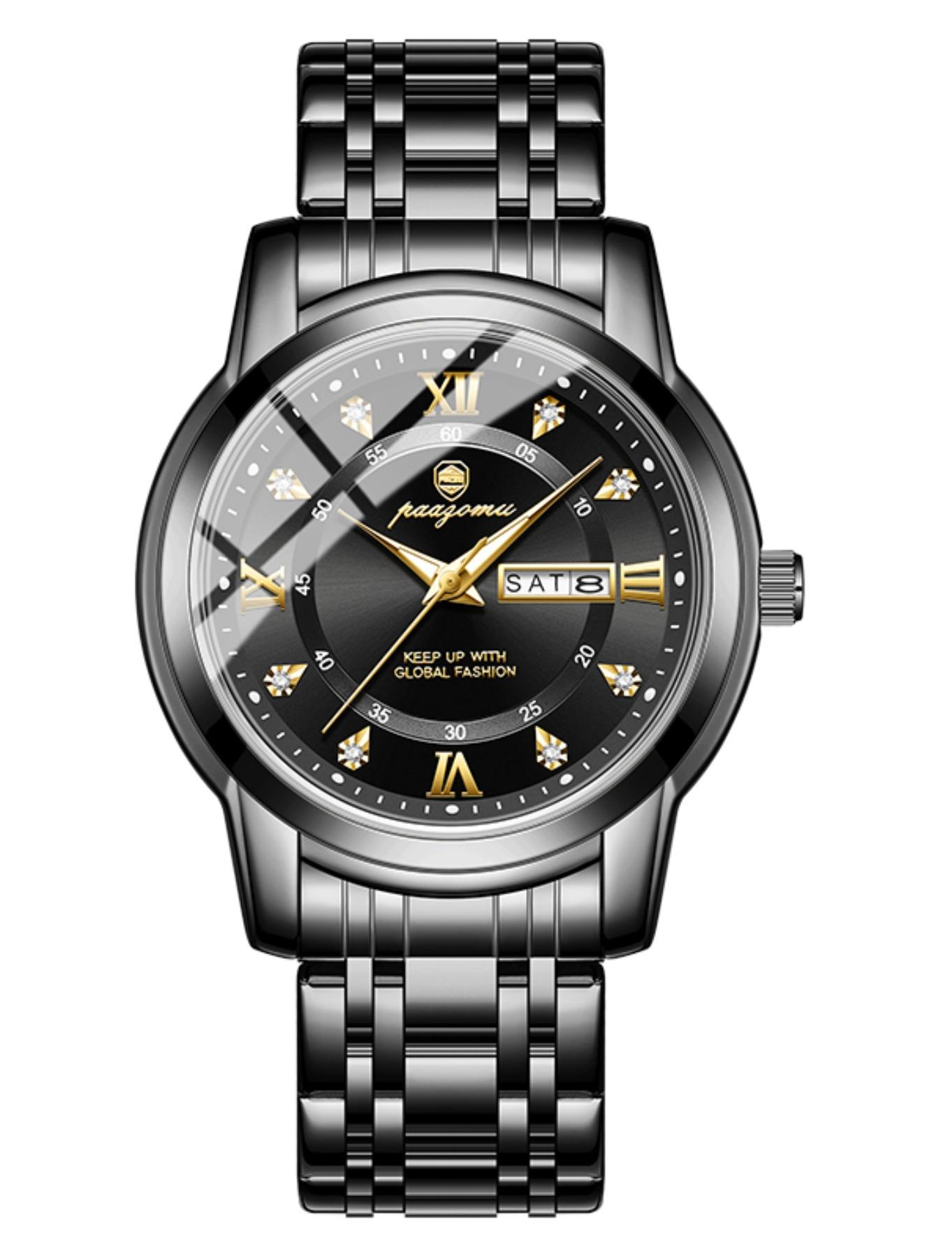 Paazomu Luxury Men's Watch, Waterproof Luminous Date, Stainless Steel Sport Fashion, Quartz Watch for Men, Stylish Male Clock