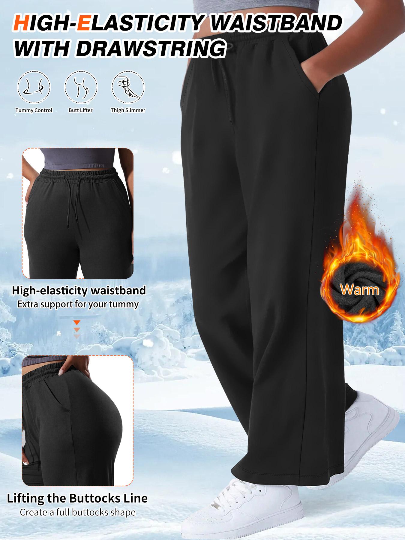 Plus Size Women's High Stretch Fleece Wide Leg Pants with Drawstring Pockets, Warm Comfortable Fall Winter, Casual Daily Wear