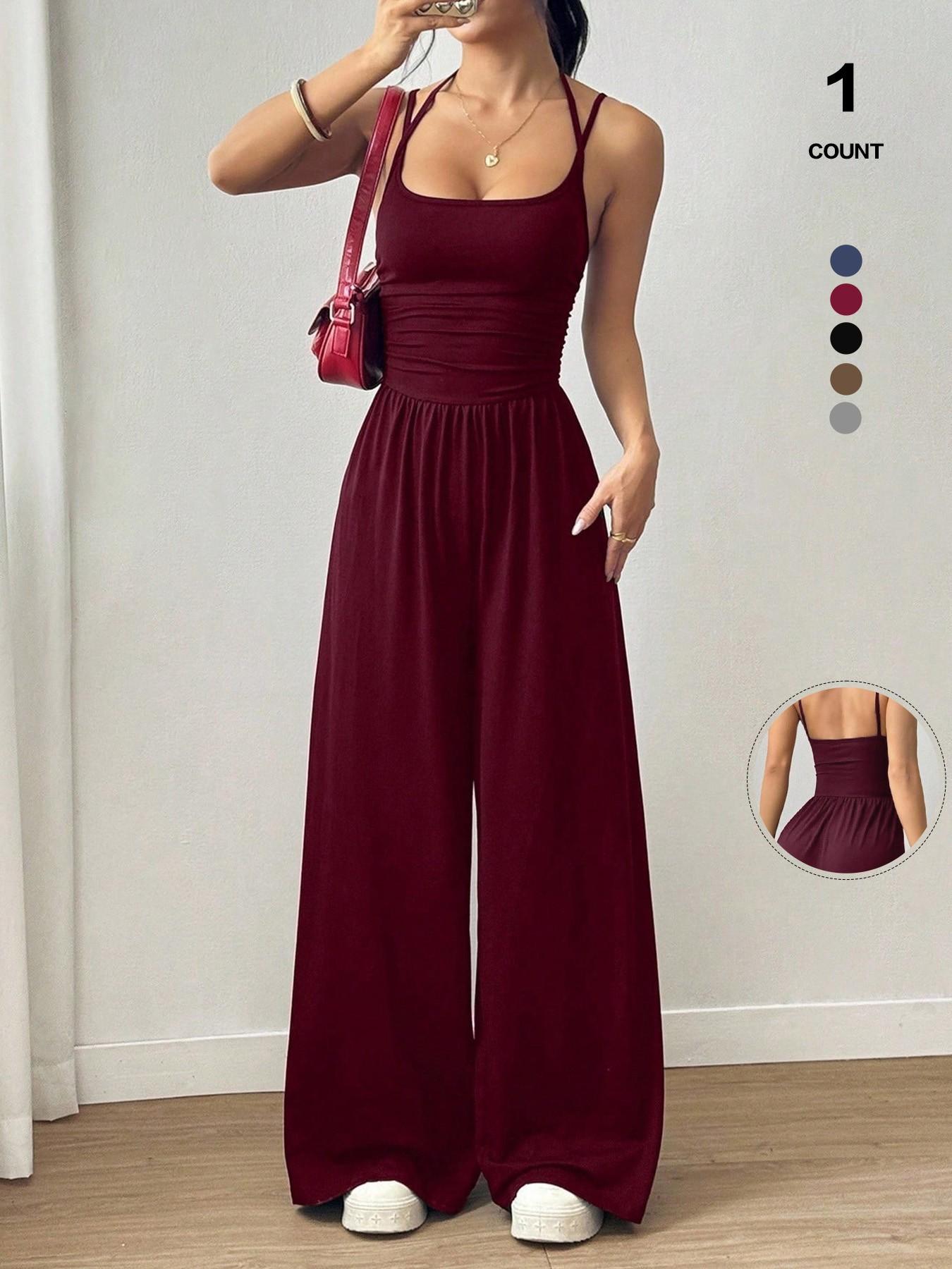 Women's Sexy Backless Jumpsuit, Spaghetti Strap Design, Smocked Bodice, Elegant One-Piece Romper, Ideal for Party Wear