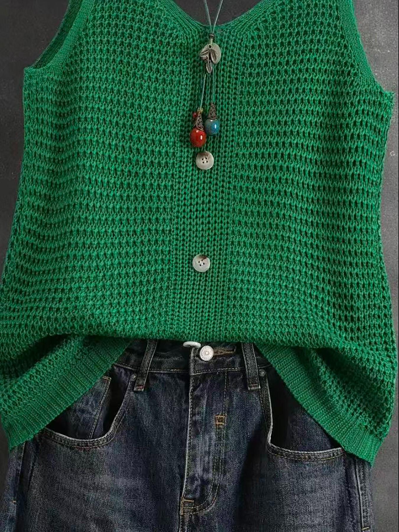 Women's Sleeveless V-Neck Knit Top, Summer Outerwear, Slimming Comfortable Loose Fit, Elegant Casual Design, Breathable Mesh Vest