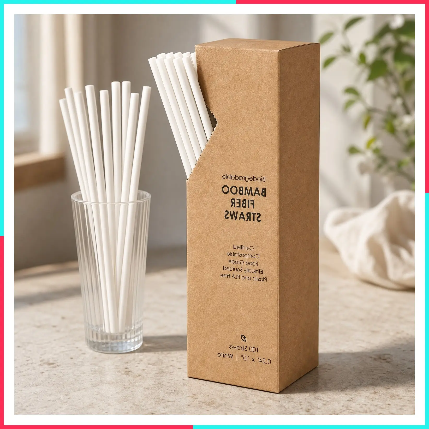 10-Inch Biodegradable Bamboo Fiber Straws, 100 Count | 100% Compostable, Plastic-Free, Eco-Friendly Drinking Straws | Extra-Long Plant Fiber Party Jumbo Disposable Straws