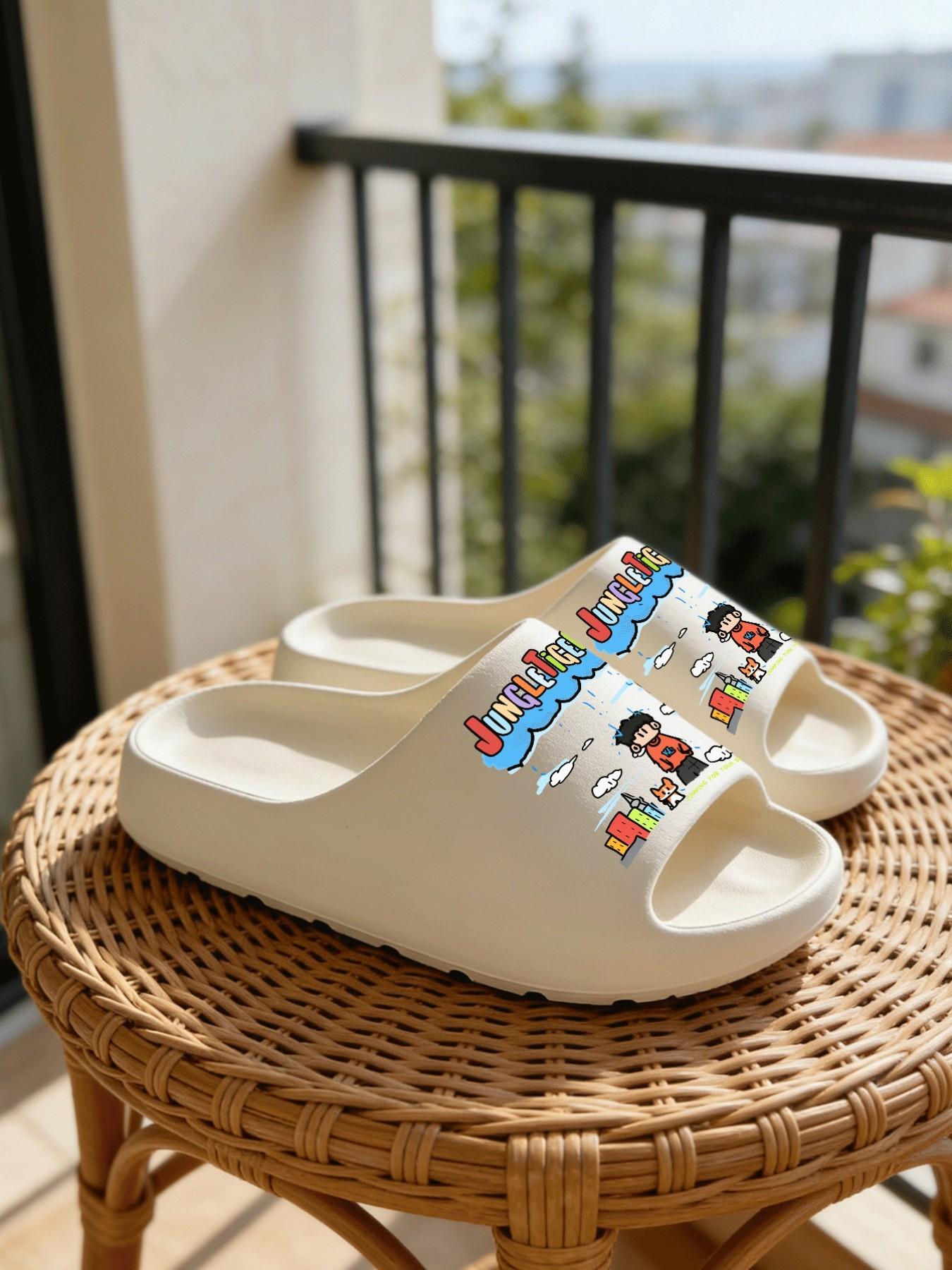 1 Pair Cool JungleTiger Boy Cartoon Printed Thick Sole Slippers, Personalized Street Style, Non-slip Soft Sole, Indoor & Outdoor Dual-use, Open Toe Slides, Casual Slippers