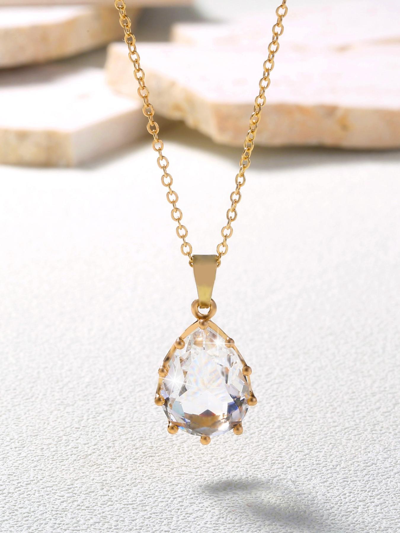 Simple Single Layer Transparent Gemstone Water Drop Crystal Zircon Pendant Necklace, Elegant Jewelry for Women, Perfect Gift Idea