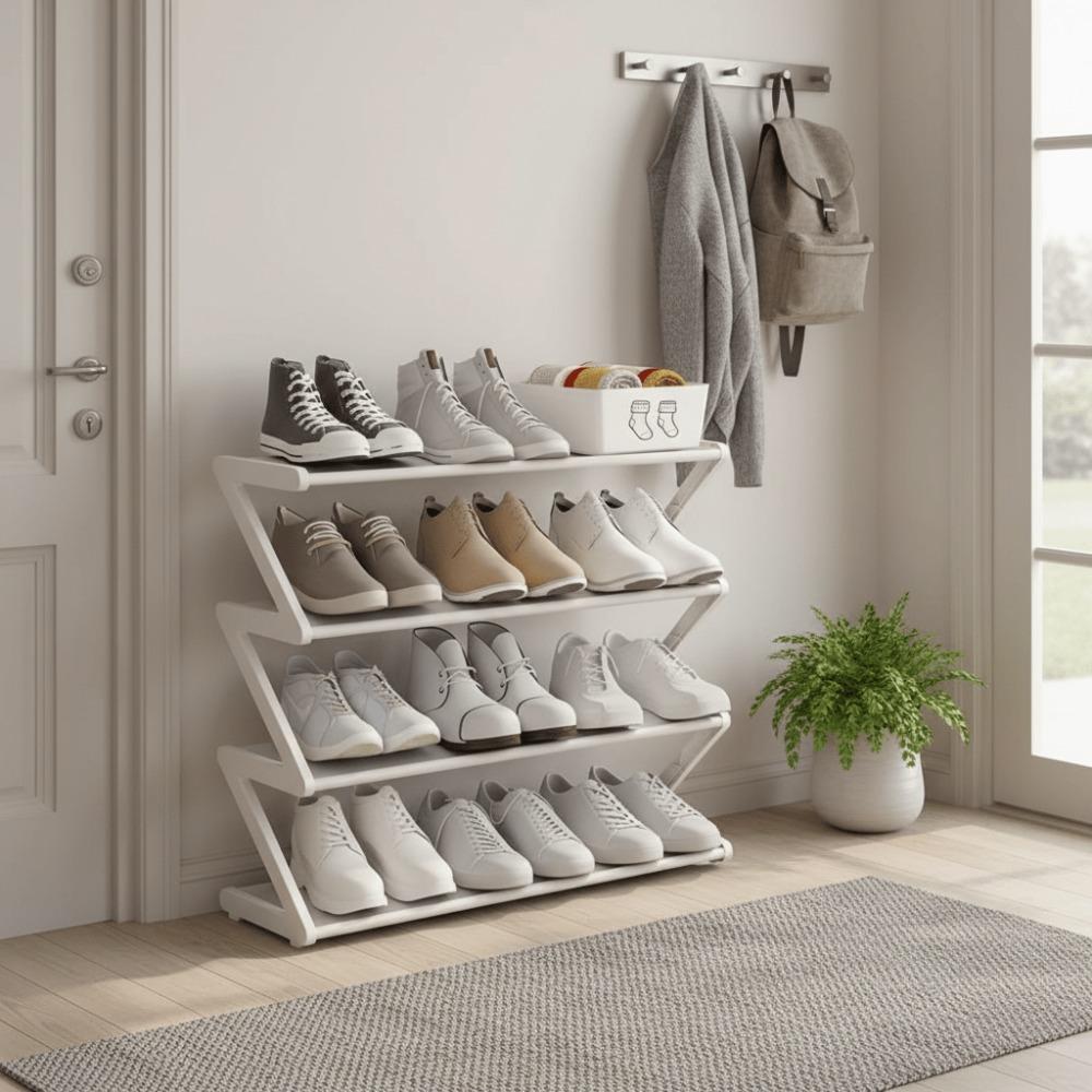 4-Layer Foldable Z-Shaped Shoe Rack, Easy Assembly, Durable Plastic, Space-Saving Design, Ideal for Home, Dormitory, Entrance