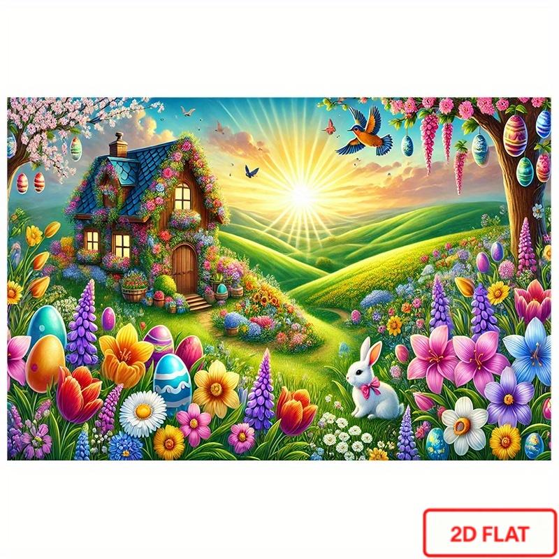 1pc Spring Cottage Easter Bunny & Tulip Cottage Backdrop - Large Horizontal Pastel Egg & Tulip Wall Hanging with Smiling House Design, Durable Polyester Fabric for Party Decorations, Easter Egg H