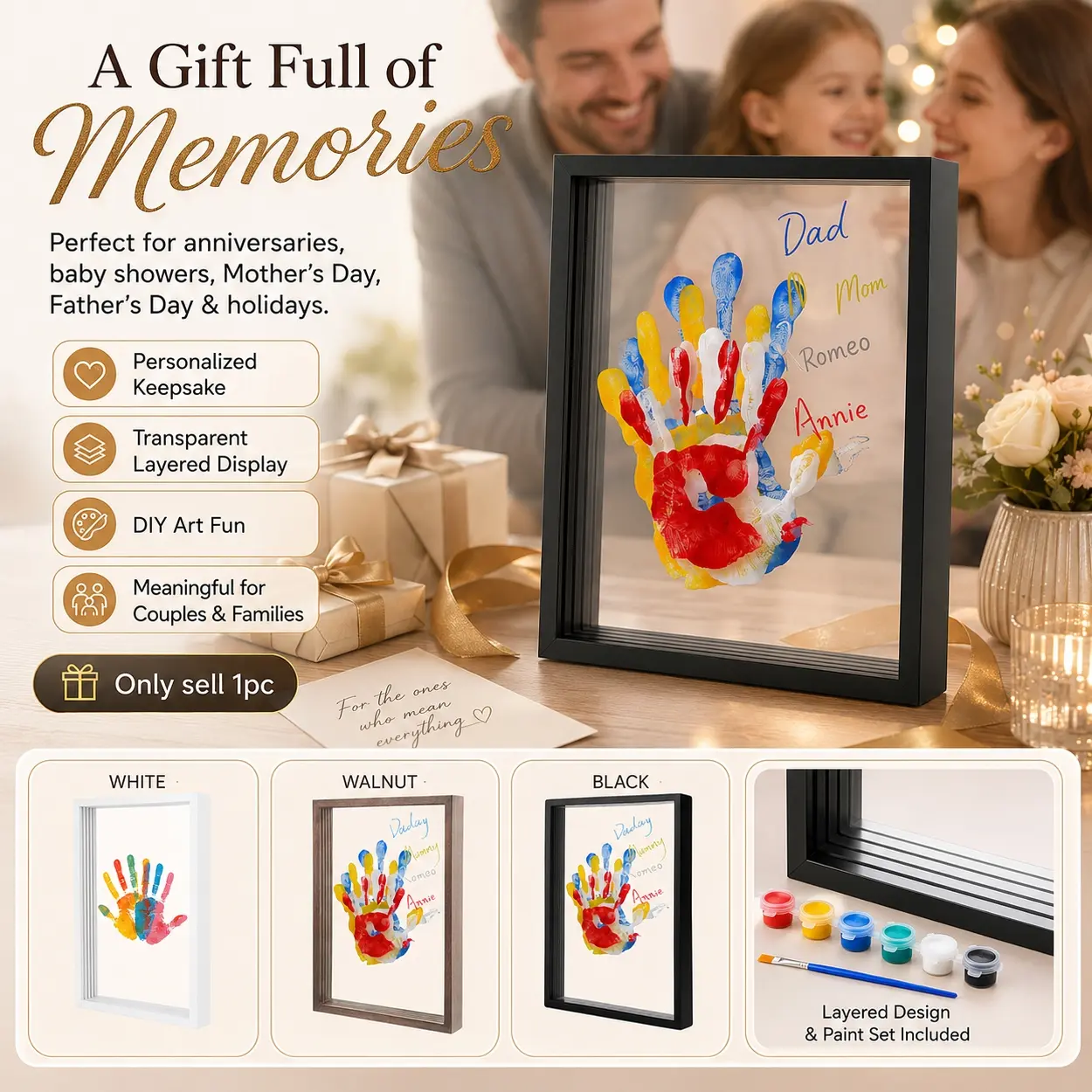 Family Handprint Frame Keepsake Kit with 4 Transparent Acrylic Sheets, DIY Handprint Set with Washable Paints, Brush and Marker, Personalized Memory Display for Baby, Parents, Couples, Pets, Grandparents, Nursery, Living Room, Holidays and Family Gifts