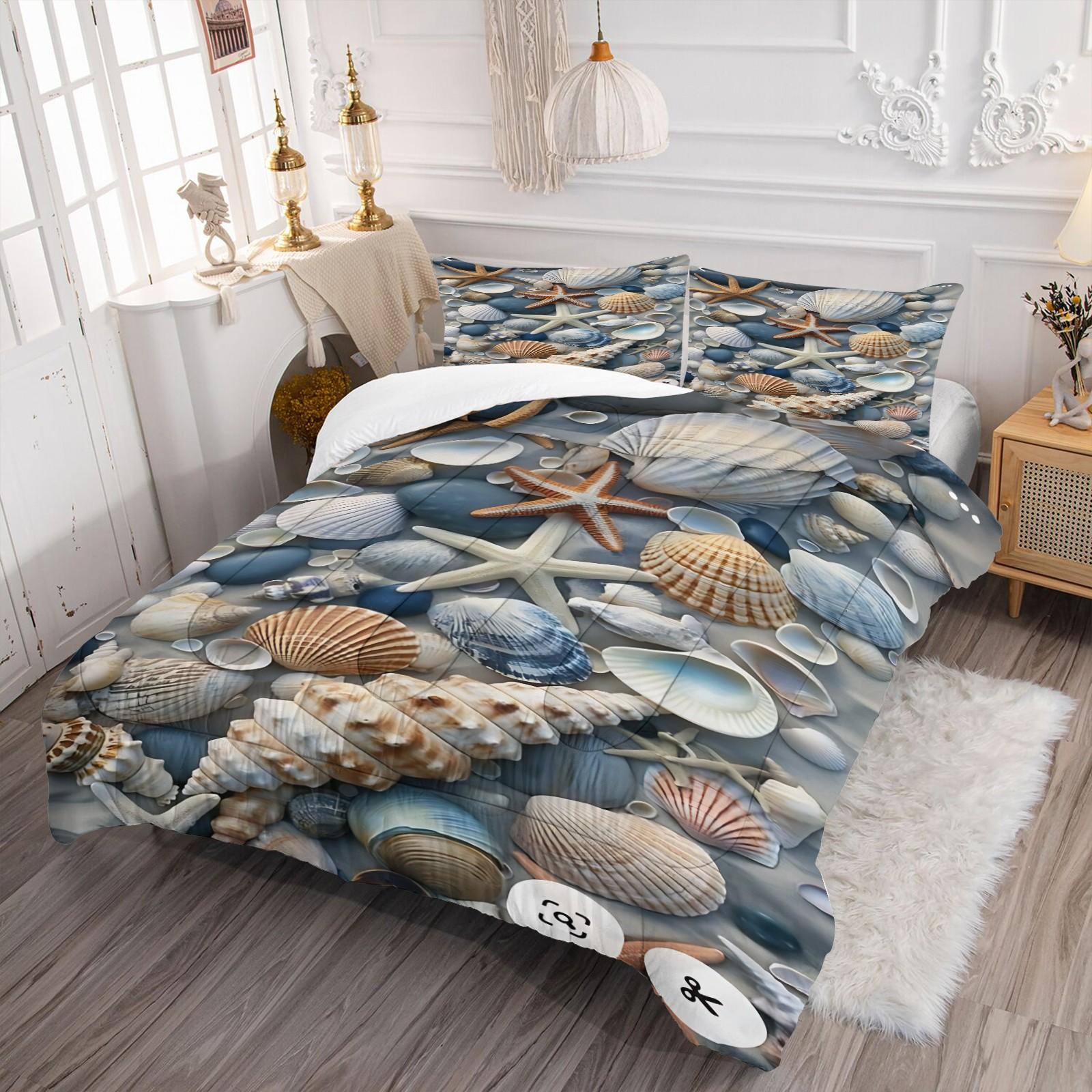 Seashell & Starfish Comforter Set-with Silk-Cotton Filling, Coastal Beach Themed Bedding Set, 3D Digital Print Bed Set with Includes 1/2 Pillowcases - without Core, Soft Microfiber Bedding, All Season Cozy Quilt for Beach Lover Bedroom Decor Bedding Set