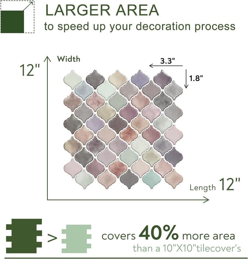 STICKGOO 10-Sheet Multicolor Arabesque Vinyl Tile Peel & Stick Backsplash, Peel and Stick Wall Tile For Bathroom, 12”X12” Self-Adhesive Kitchen Backsplash Tiles (Thicker Design) Home Decor Decorative