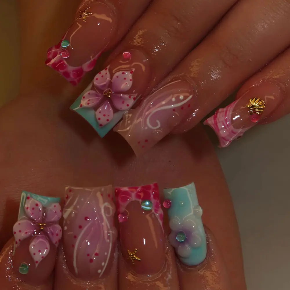 24pcs 3D Gel Nail Art Set, Ocean & Hibiscus Design, Square French Tips, Acrylic False Nails, Includes Adhesive & File, Perfect for Daily Use & Parties