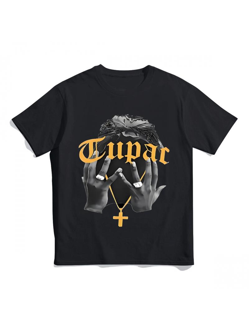 [Black and white, plus-size womens clothing] [1pc Tupac T-Shirt] Tupac Printed 1pc Womens T-Shirt | Classic Patterns with Hip-Hop Culture | Perfect Holiday Gift
