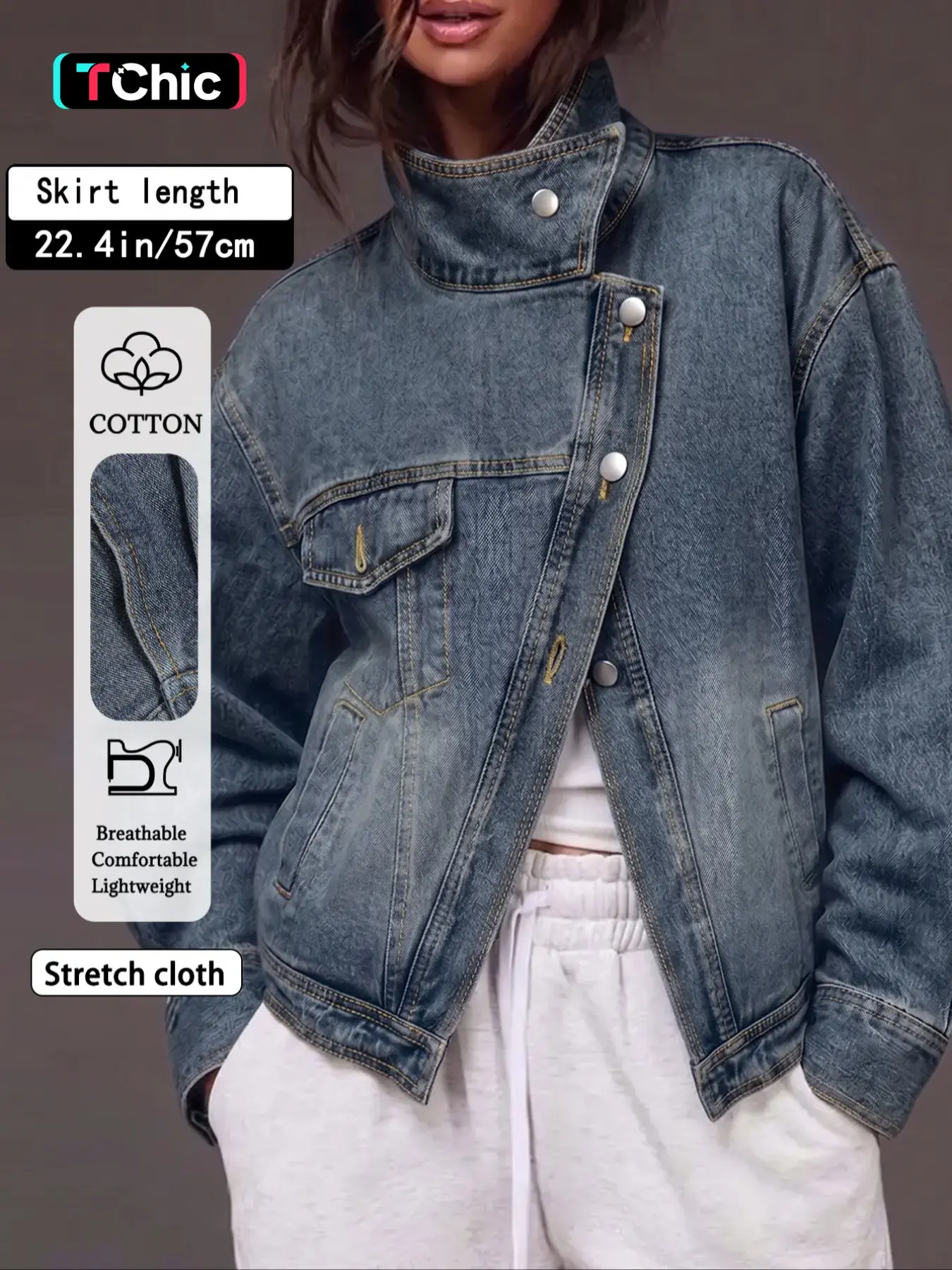 GILIPUR Women's Dark Blue Gradient Wash Stand Collar Deconstructed Denim Jacket, Asymmetric Diagonal Placket Oversized Mid-Length Coat with Pockets, Vintage Streetwear, Casual Daily Commute Outfits for Women
