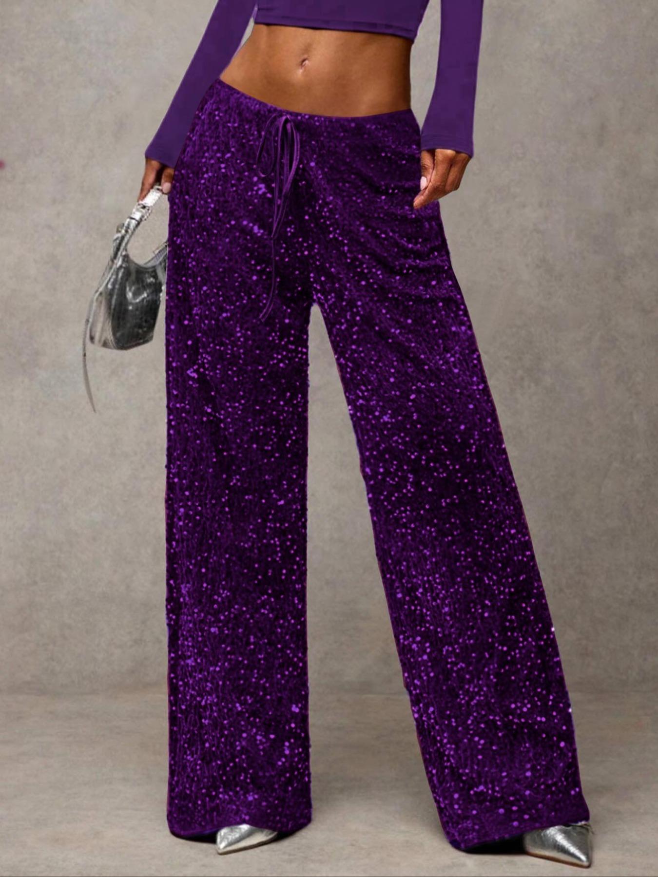 Women's Fashion Pants with Elastic Waistband, Bow Design, Sequins Detailing, Stylish Fitted Trousers Bottoms for Casual Wear