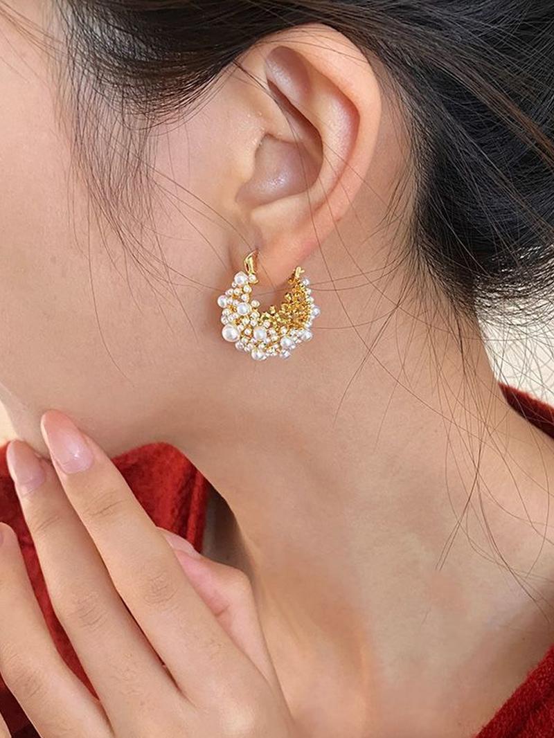 French Vintage Hollow Out Faux Pearl Basket Design Earrings, Fashionable Elegant Women's Daily Party Versatile Delicate Earings, Fashionable Hoop Earrings